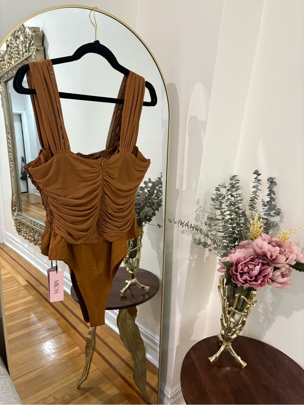MICAS XL Ruched One-Piece Bodysuit in Caramel Brown - Picture 5 of 5